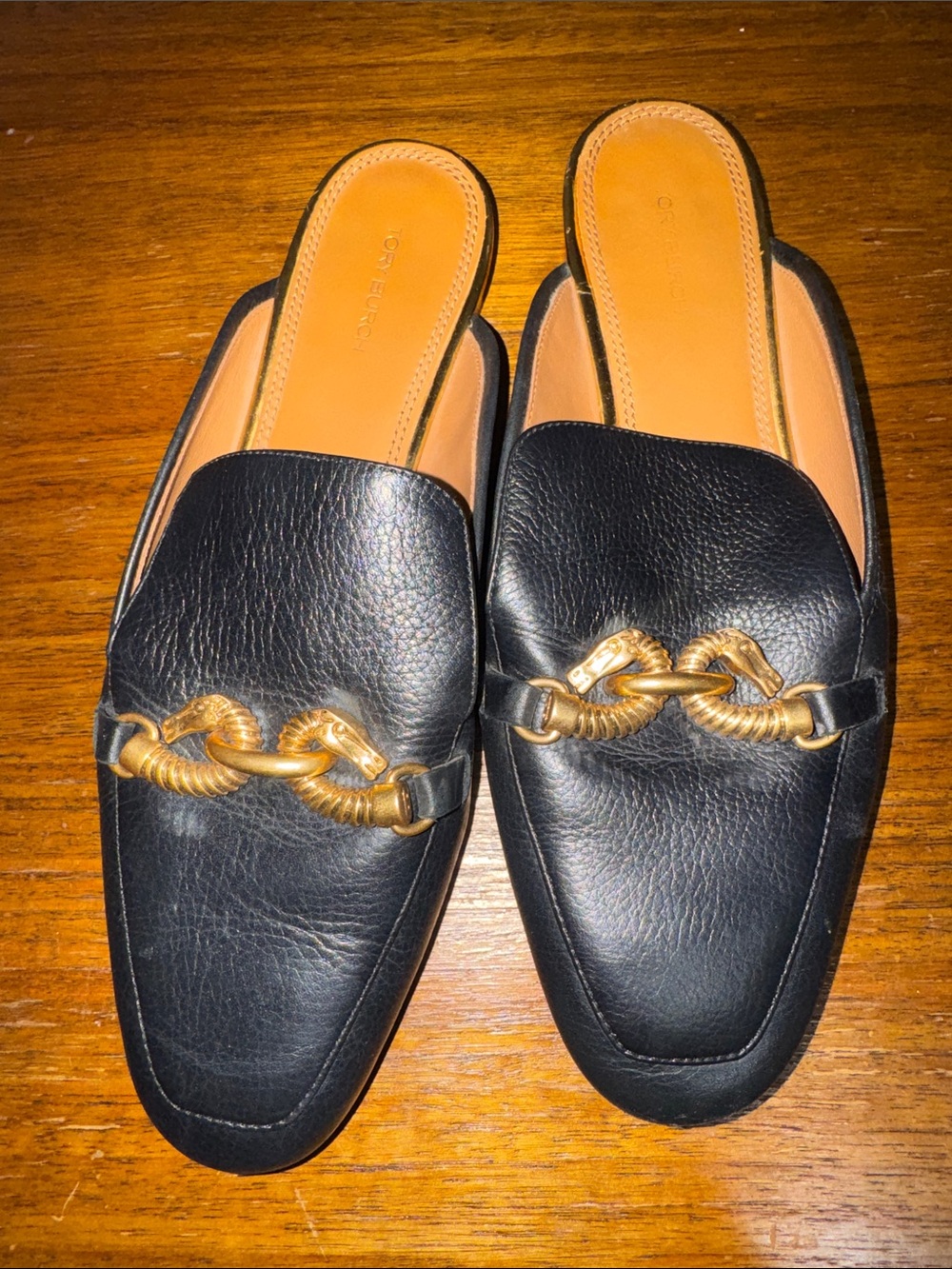 Tory Burch Jessa Black Leather Slip-On Loafers with Gold Chain Accent